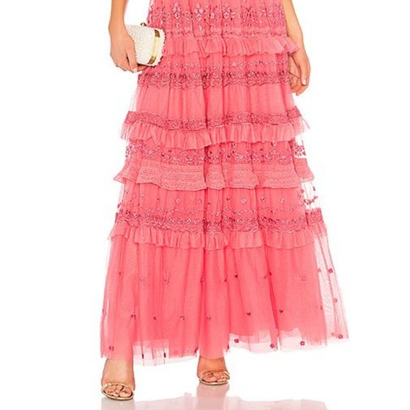 NEEDLE & THREAD - Iris Layered Embroidered Cami Maxi Hot Pink Gown